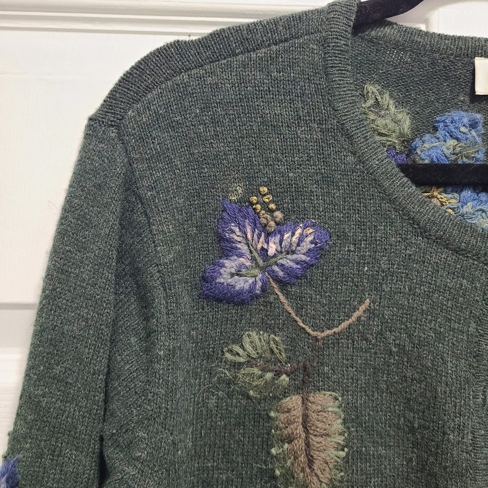Talbots Floral Embroidered Lambswool Blend Vintage‎ Green Cardigan Large - Picture 7 of 16